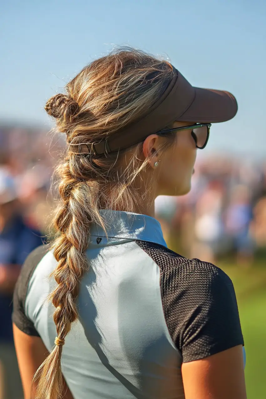 30 Sleek Golf Hairstyles: Polished and Practical Styles for Game Day Glam 7 #6. Knotted Crown with Textured Braid and Sun Visor