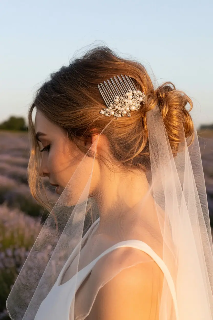 15 Ethereal Wedding Hairstyles With Veil: Soft and Stunning Bridal Inspirations 7 #6. Messy Chignon with Embellished Comb and Chapel Veil