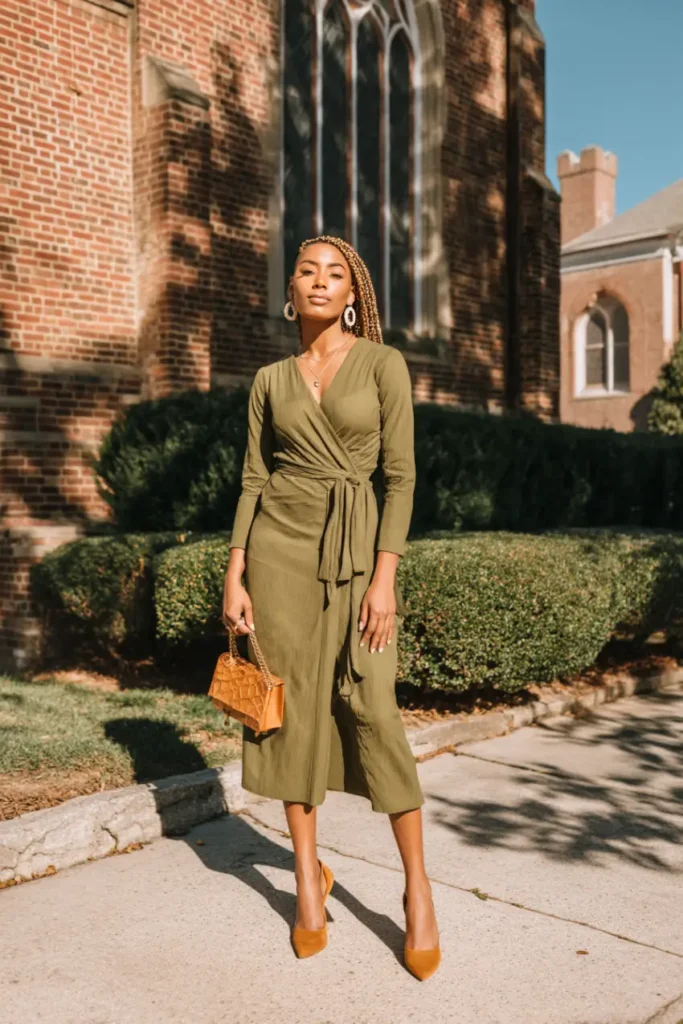 20 Graceful Church Outfit Ideas: Chic and Respectful Styles to Inspire 7 #6. Olive Wrap Dress with Ochre Accents – Effortless Strength in Sunday Style