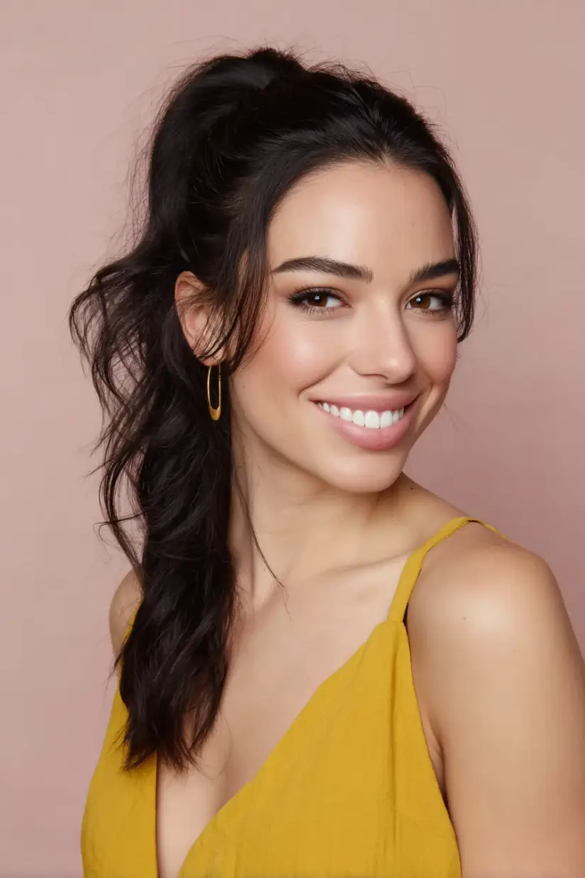 #6. Playful Wavy Ponytail with Loose Tendrils