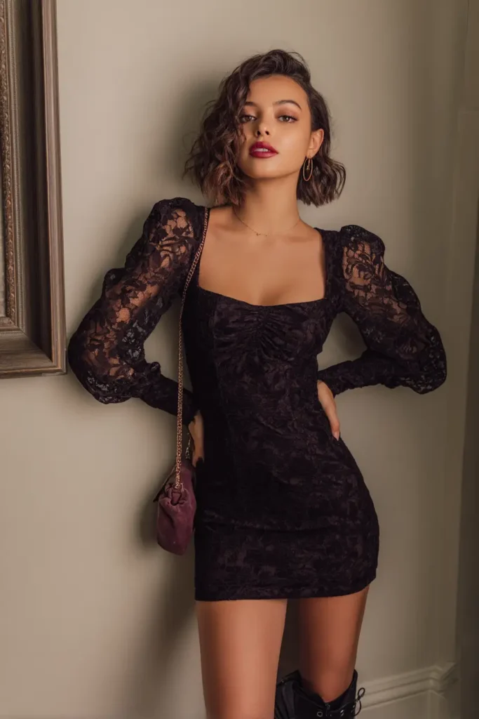 #6. Sheer Lace Puff Sleeve Dress in Deep Plum