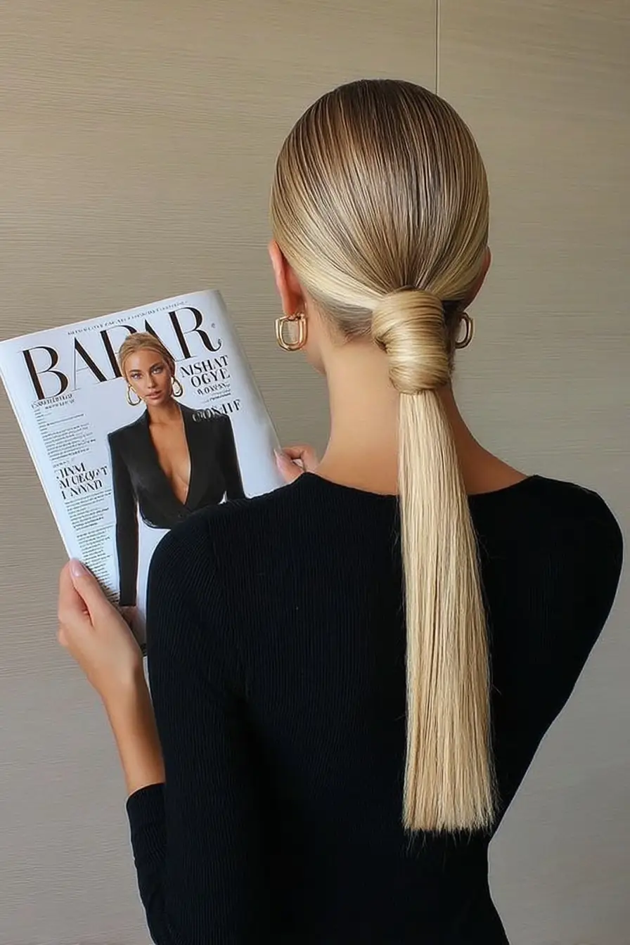 21 Sleek Rainy-Day Hairstyles: Easy Ways to Tame the Frizz 7 #6. Sleek Low Ponytail with Hair-Wrapped Band