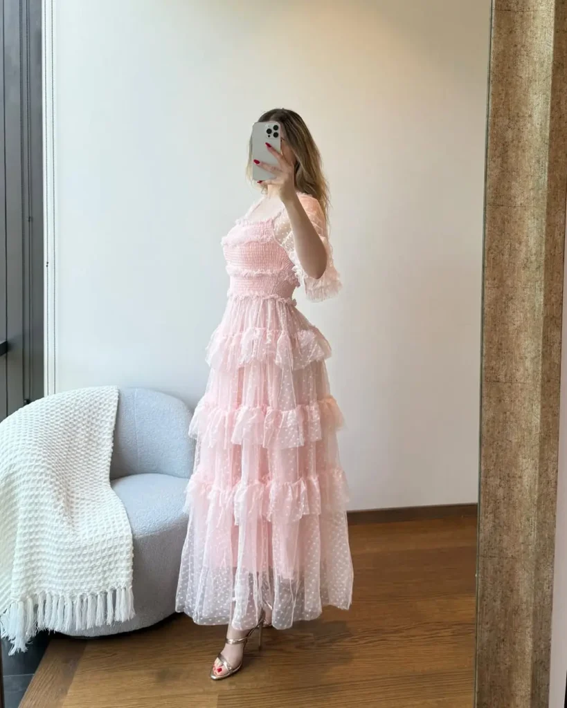 #6. Soft Pink Tulle Tiered Maxi with Polka Dot Texture