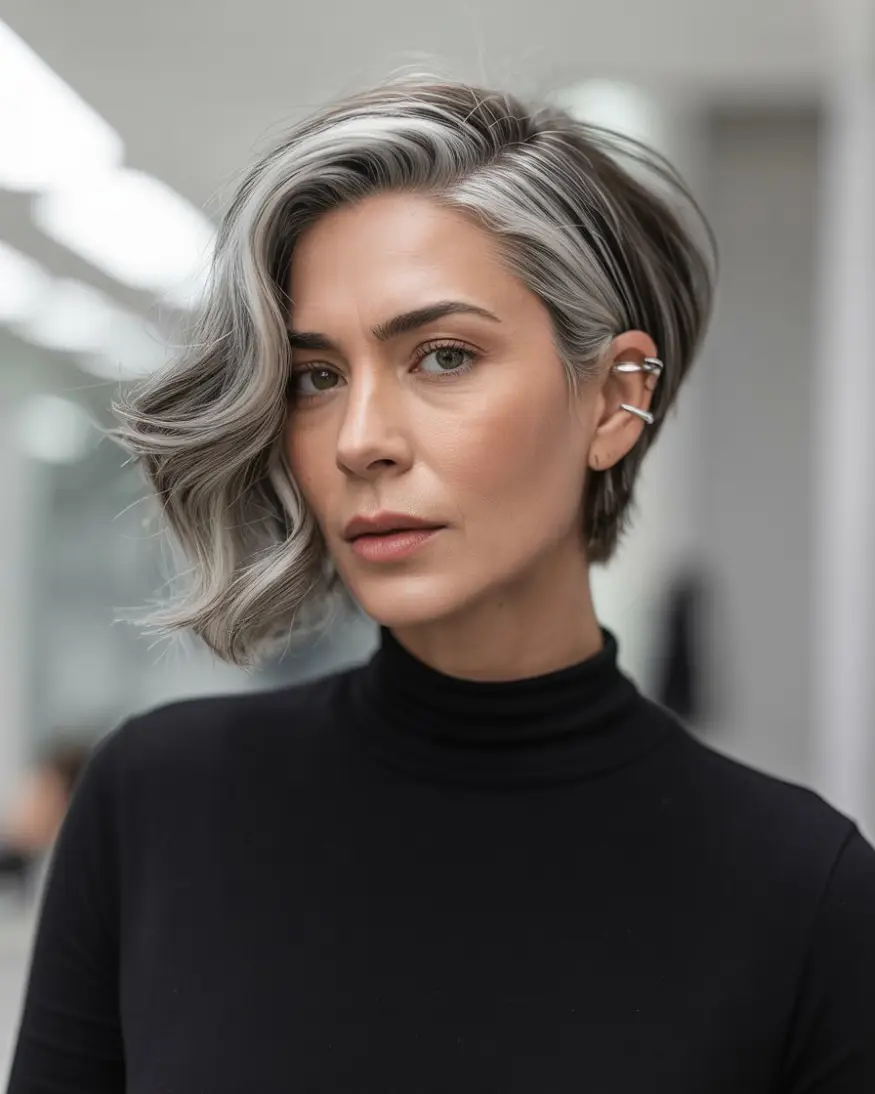 20 Timeless Salt & Pepper Hairstyles: Classic Styles with a Modern Twist 7 #6. The Asymmetrical Silver Bob