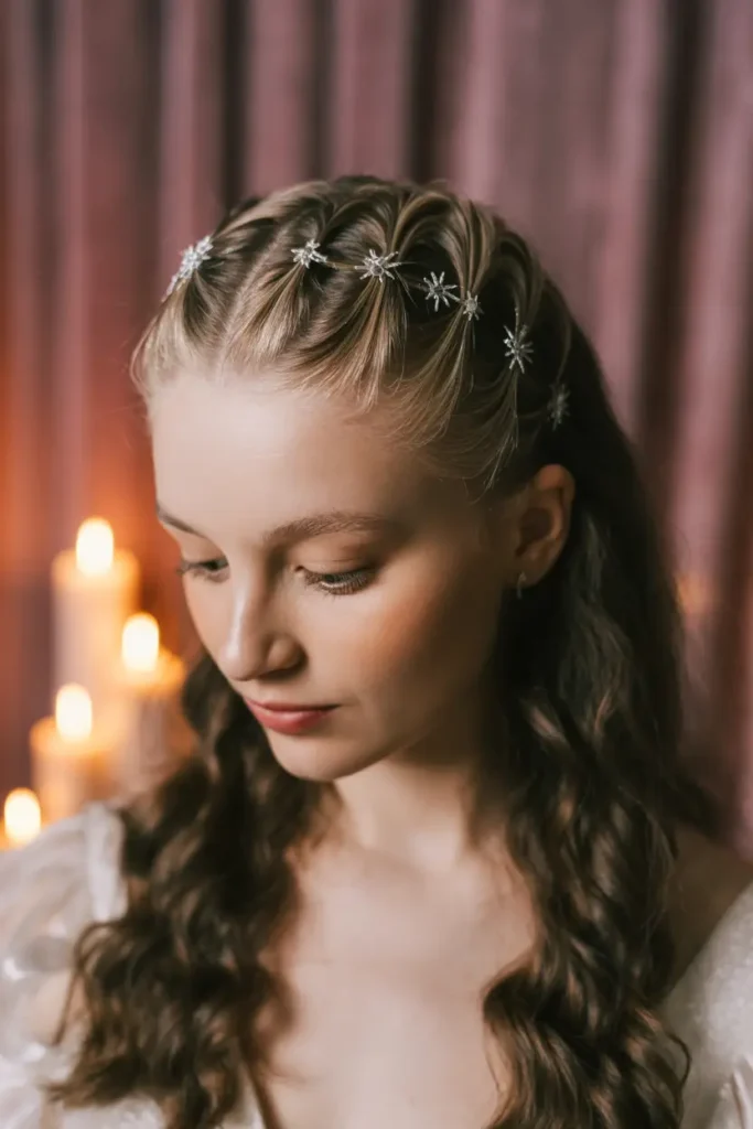 15 Festive Christmas Tree Hairstyles Ideas: Fun & Creative Holiday Looks 7 #6. The Starry Night Half-Up Crown