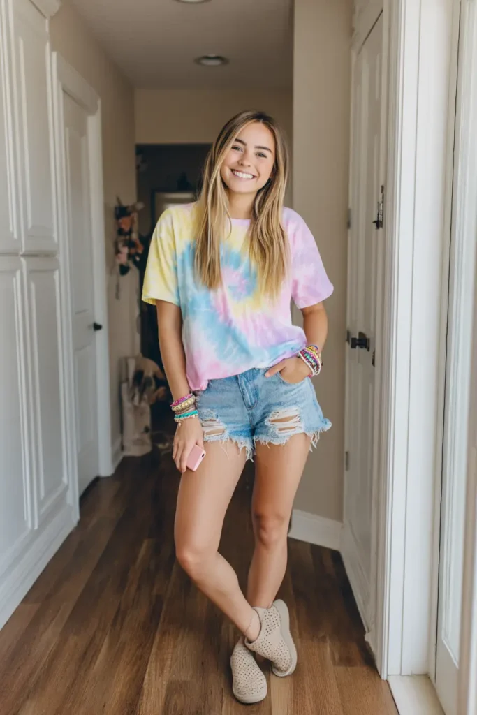#6. Tie-Dye Tee with Ripped Denim Shorts and Ankle Sneakers