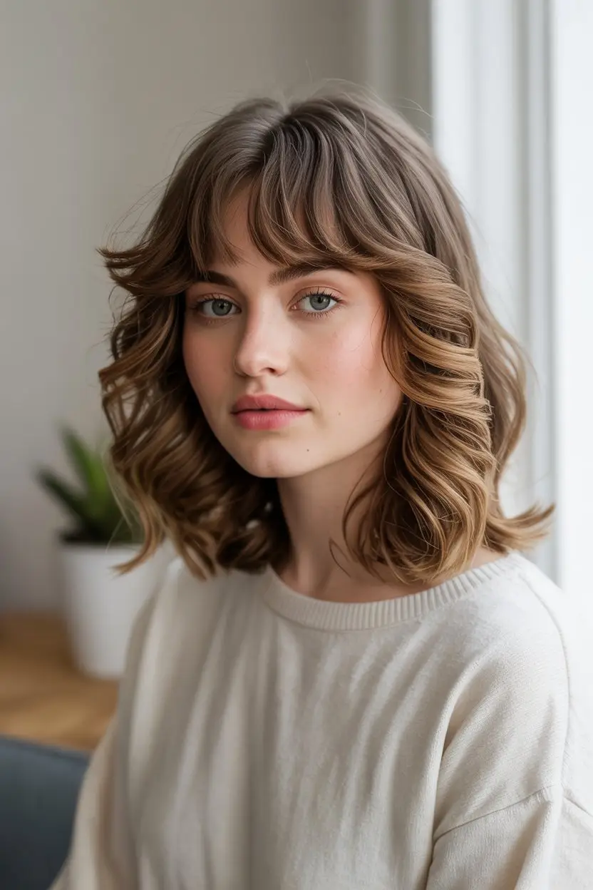 #6. Voluminous Curtain Bangs with Shoulder-Length Hair