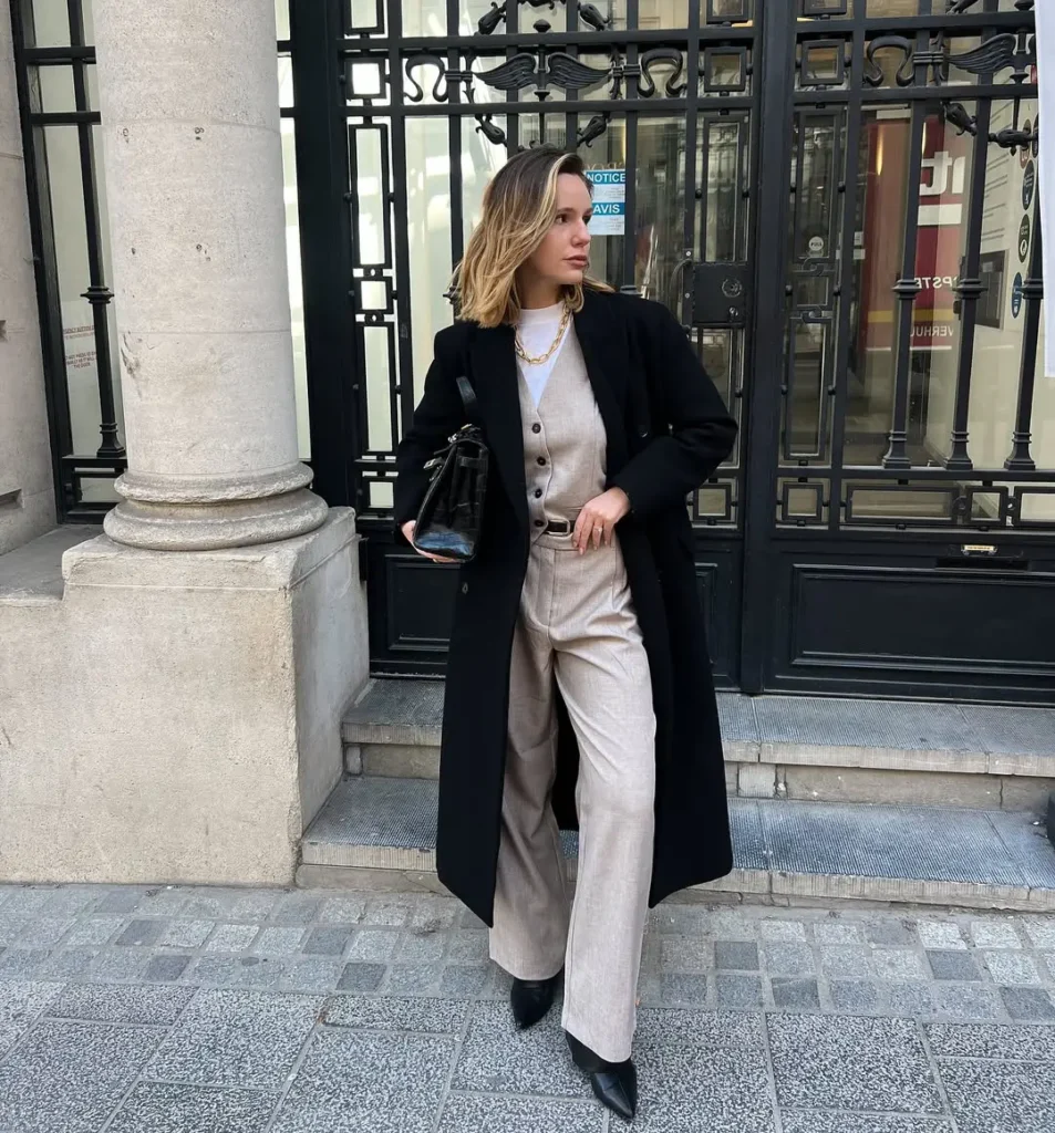 #7. Beige Button-Front Jumpsuit with Long Black Coat and Pointed Boots