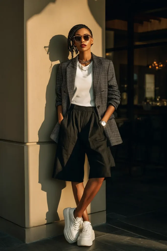 #7. Checked Oversized Blazer with Bermuda Shorts and Platform Sneakers