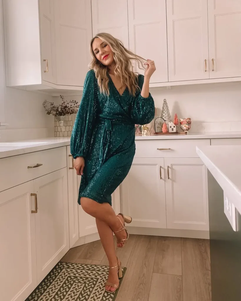 #7. Emerald Green Sequin Wrap Dress with Balloon Sleeves