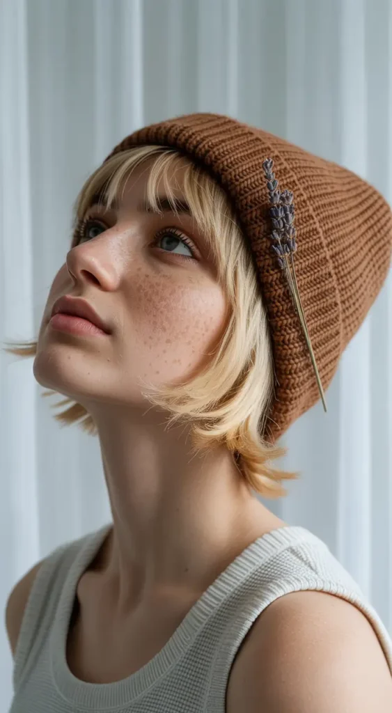 20 Chic Beanie Hairstyles: Fashionable Pairings for Cold-Weather Days 8 #7. Feathered Bob with Earthy Beanie Accent