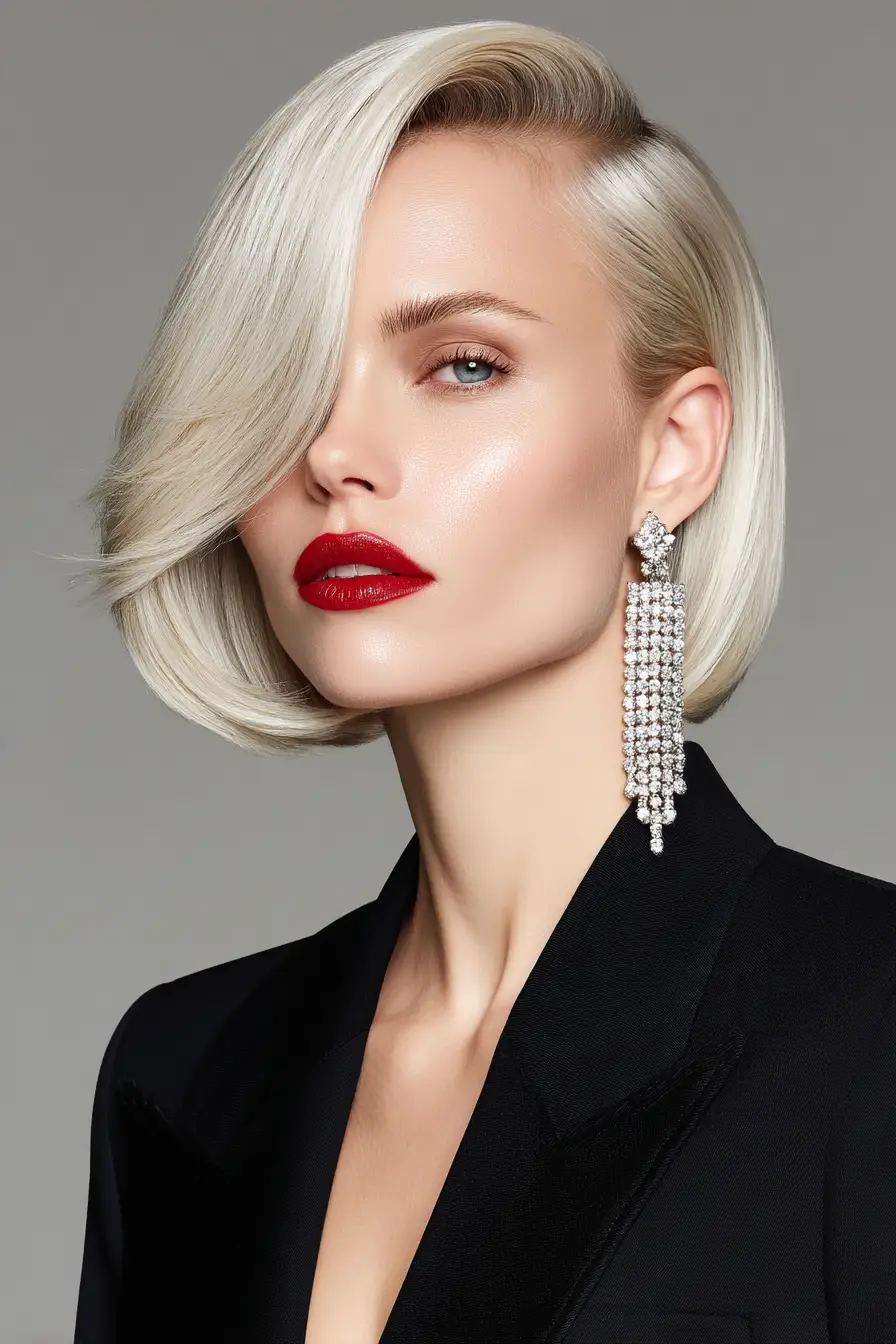 22 Bold Platinum Blonde Bob Hairstyles: Fresh and Fierce Ideas for a Standout Look 8 #7. Glam Side-Swept Platinum Bob with Gloss Finish