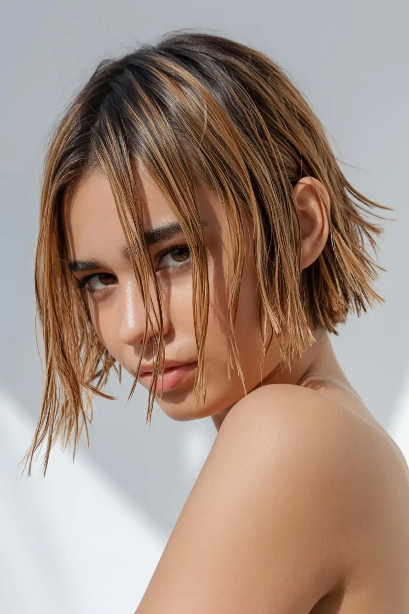 #7. Golden Brown Piece-Y Bob: Modern Edge