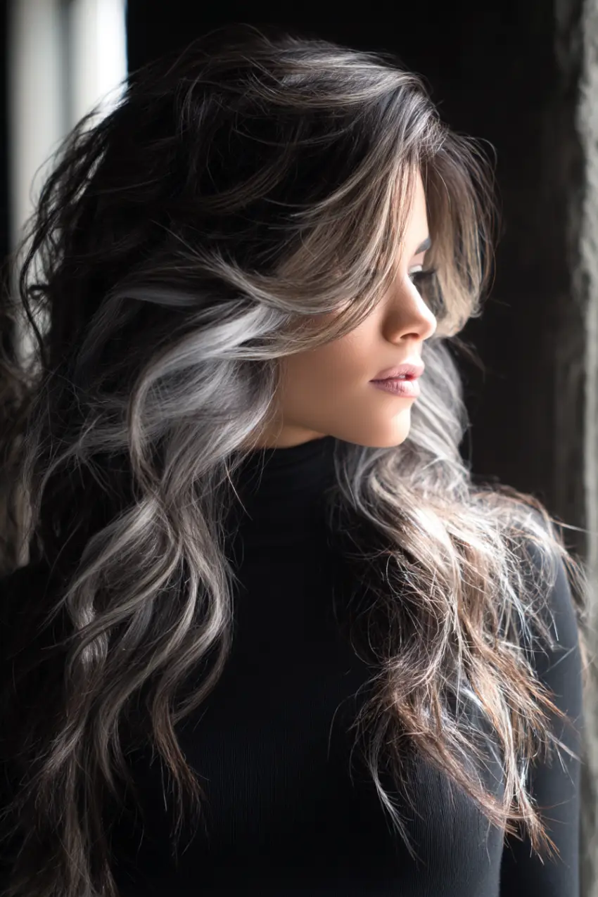24 Striking Brown Hair with Silver Highlights Ideas: Sophisticated Looks to Refresh Your Style 8 #7. Layered Espresso Waves with Metallic Silver Highlights