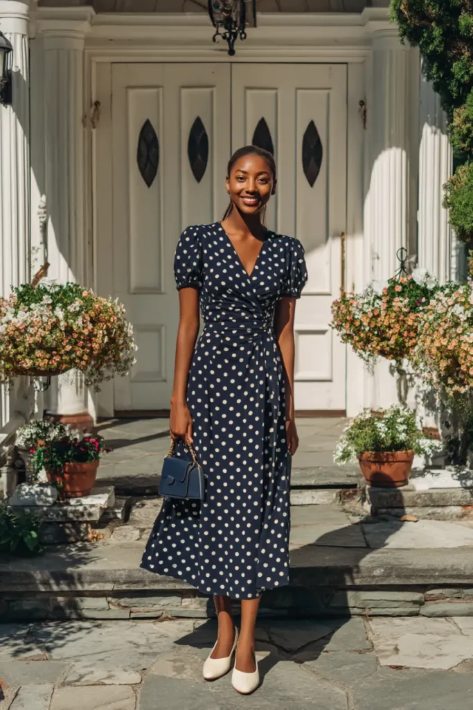 20 Graceful Church Outfit Ideas: Chic and Respectful Styles to Inspire 8 #7. Navy Polka Dot Wrap Dress – Classic Whimsy for a Joyful Sunday