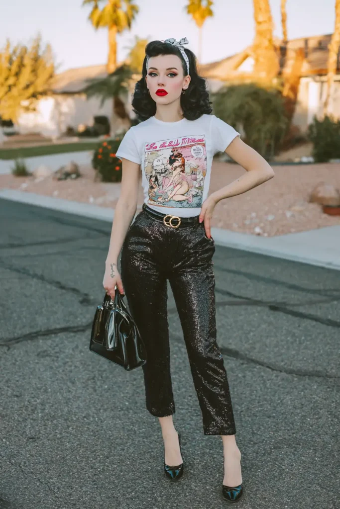 #7. Retro Graphic Tee with Sequin Pants and Patent Accessories