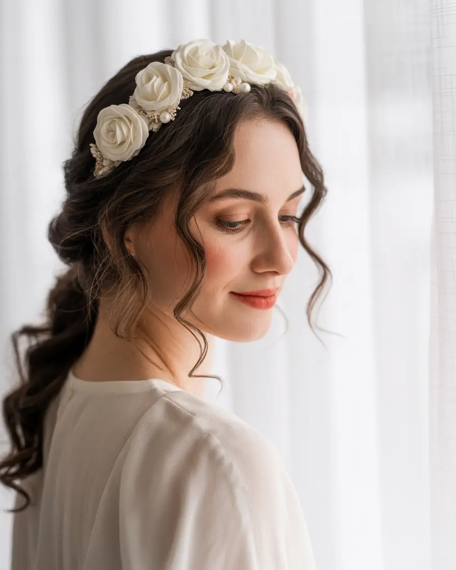 16 Graceful Wedding Hairstyles For Long Hairs: Picture-Ready Styles for Long Locks 8 #7. Romantic Ringlets with Rosette Crown
