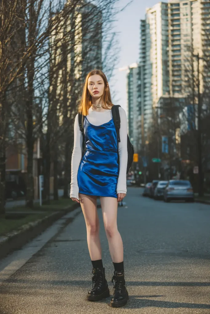 #7. Royal Blue Slip Dress with Sheer Layering and Combat Boots