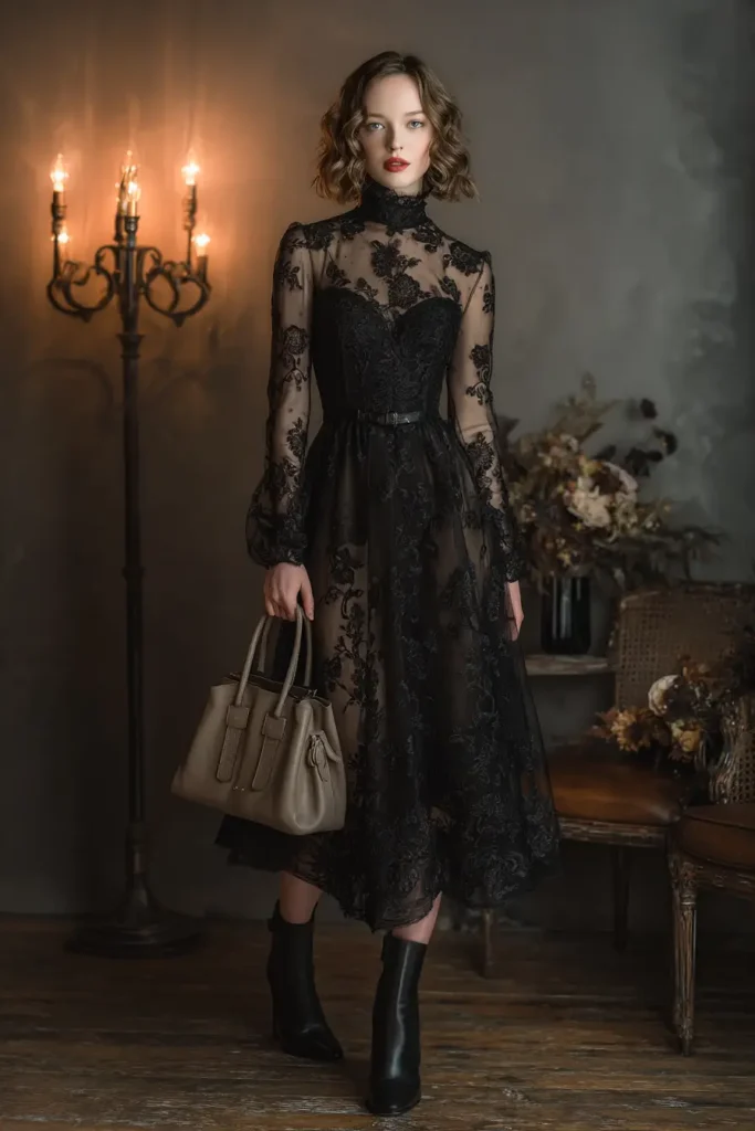 #7. Sheer Black Lace Midi with Victorian Flair