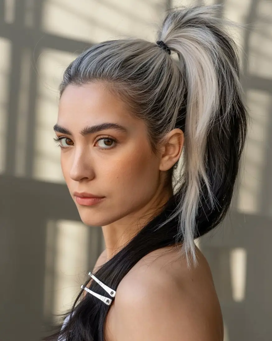 20 Timeless Salt & Pepper Hairstyles: Classic Styles with a Modern Twist 8 #7. Silver Streaked High Ponytail