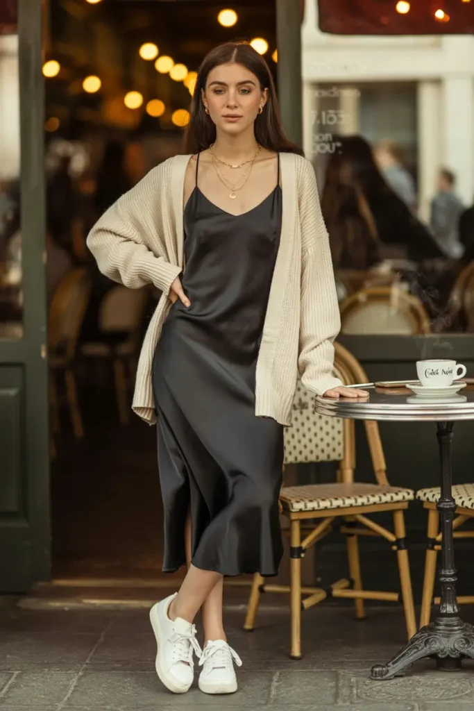 #7. Slip Dress with a Thick Knit Cardigan