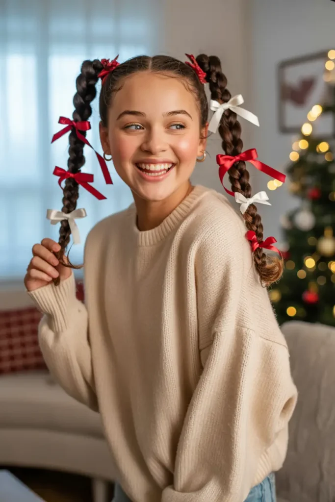 15 Festive Christmas Tree Hairstyles Ideas: Fun & Creative Holiday Looks 8 #7. The Peppermint Twist Pigtails
