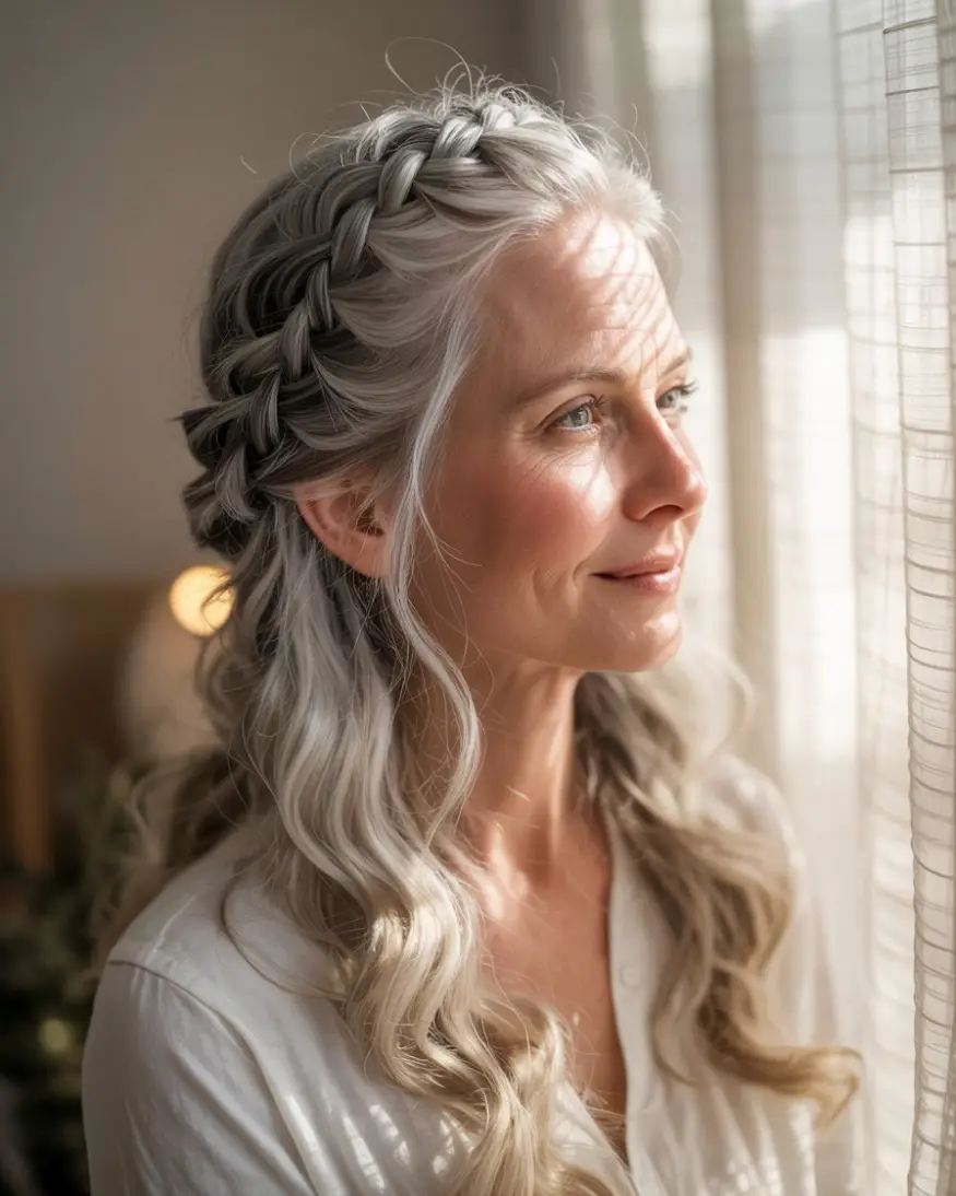 20 Timeless Salt & Pepper Hairstyles: Classic Styles with a Modern Twist 9 #8. Braided Gray Crown