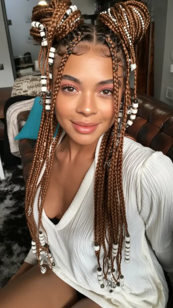 #8. Copper Braided Space Buns with Beaded Freestyle Ends