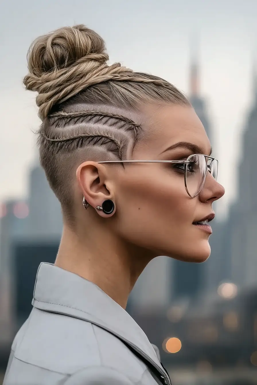 #8. Edgy Braided Undercut with Twisted Top Bun