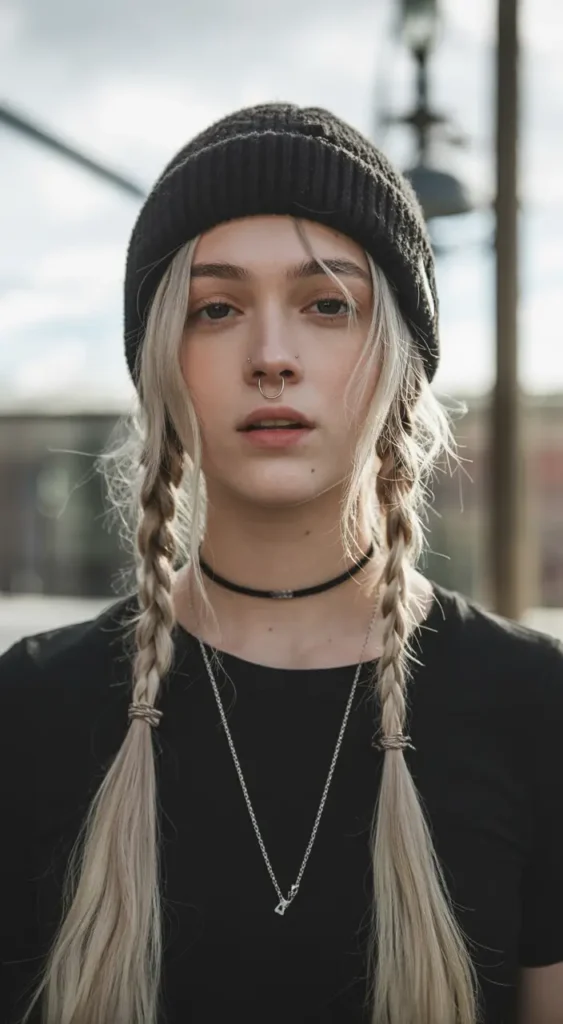 20 Chic Beanie Hairstyles: Fashionable Pairings for Cold-Weather Days 9 #8. Edgy Twin Braids with Street Beanie Vibe