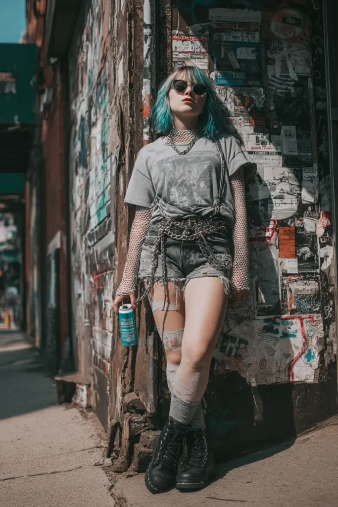 #8. Graphic Tee with Fishnet Layers and Distressed Denim Shorts