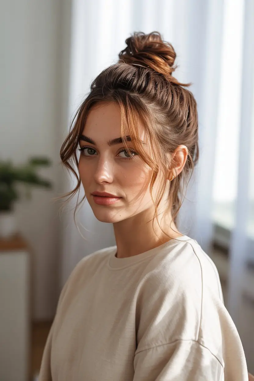 #8. Half-Up Top Knot with Face-Framing Tendrils