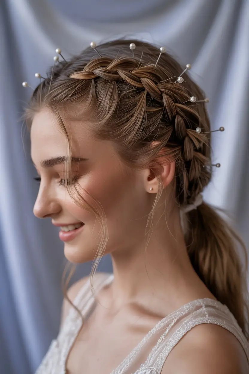 #8. Layered Braided Ponytail with Scattered Pins
