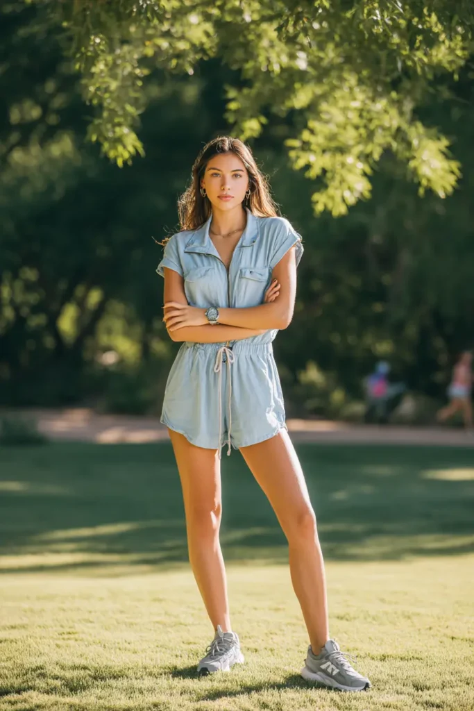 #8. Light Blue Drawstring Romper with Sneakers