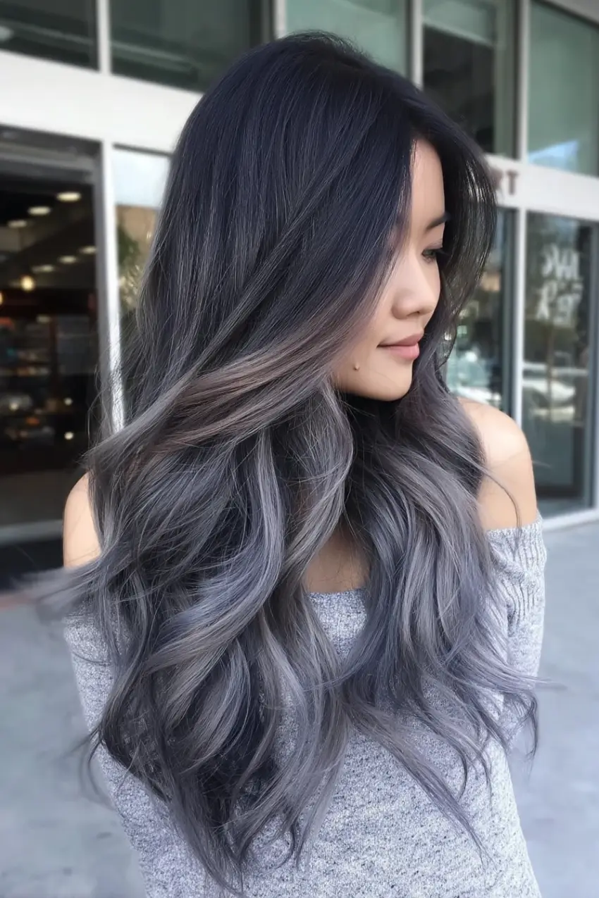 24 Striking Brown Hair with Silver Highlights Ideas: Sophisticated Looks to Refresh Your Style 9 #8. Long Charcoal Brown Layers with Cool Silver Lowlights
