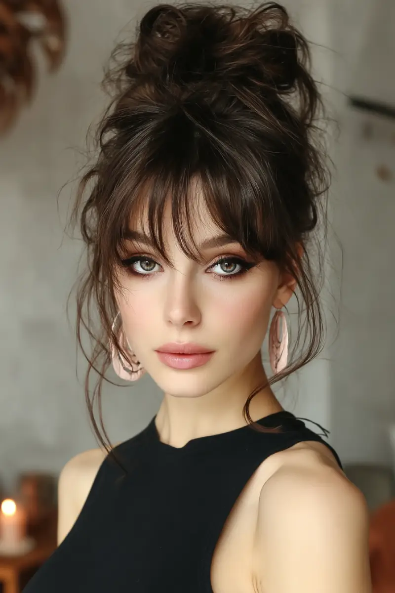 #8. Messy Top Knot with Airy See-Through Bangs