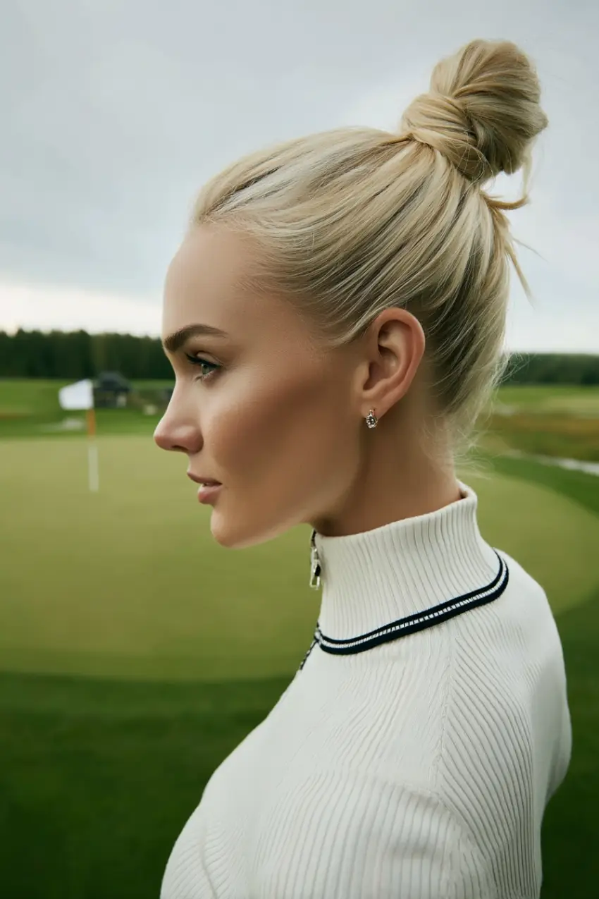 30 Sleek Golf Hairstyles: Polished and Practical Styles for Game Day Glam 9 #8. Polished High Knot with Sleek Finish