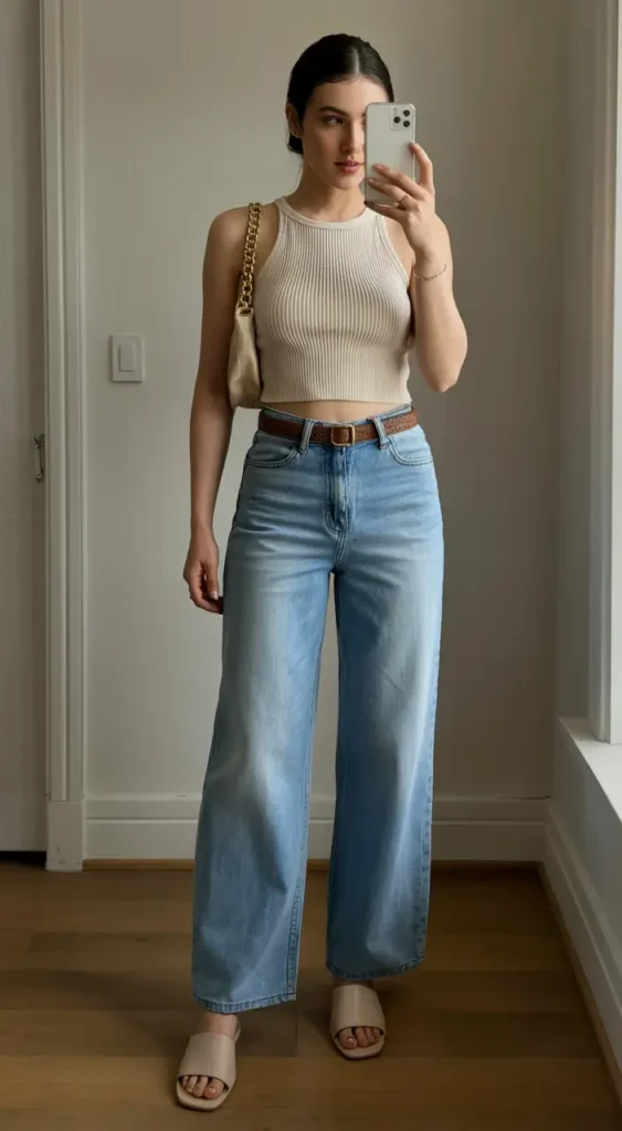 #8. Ribbed Tank with Wide-Leg Denim and Nude Slides