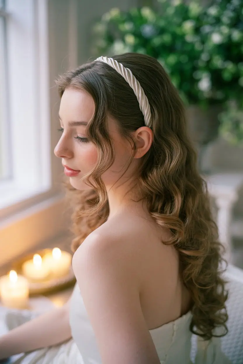 16 Graceful Wedding Hairstyles For Long Hairs: Picture-Ready Styles for Long Locks 9 #8. Romantic Side-Swept Curls with a Twisted Headband
