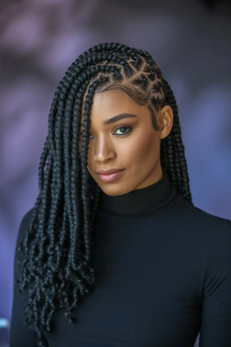 #8. Side-Swept Crochet Twists with Deep Side Part