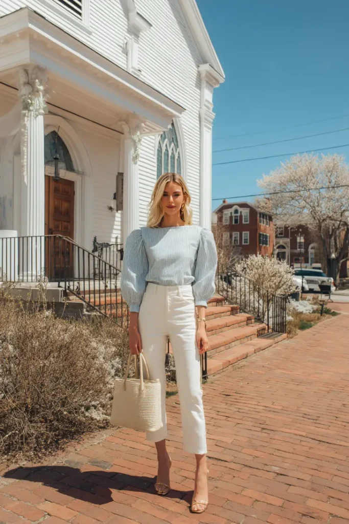 20 Graceful Church Outfit Ideas: Chic and Respectful Styles to Inspire 9 #8. Striped Puff-Sleeve Top with White Cropped Denim – Casual Chic for Contemporary Worship