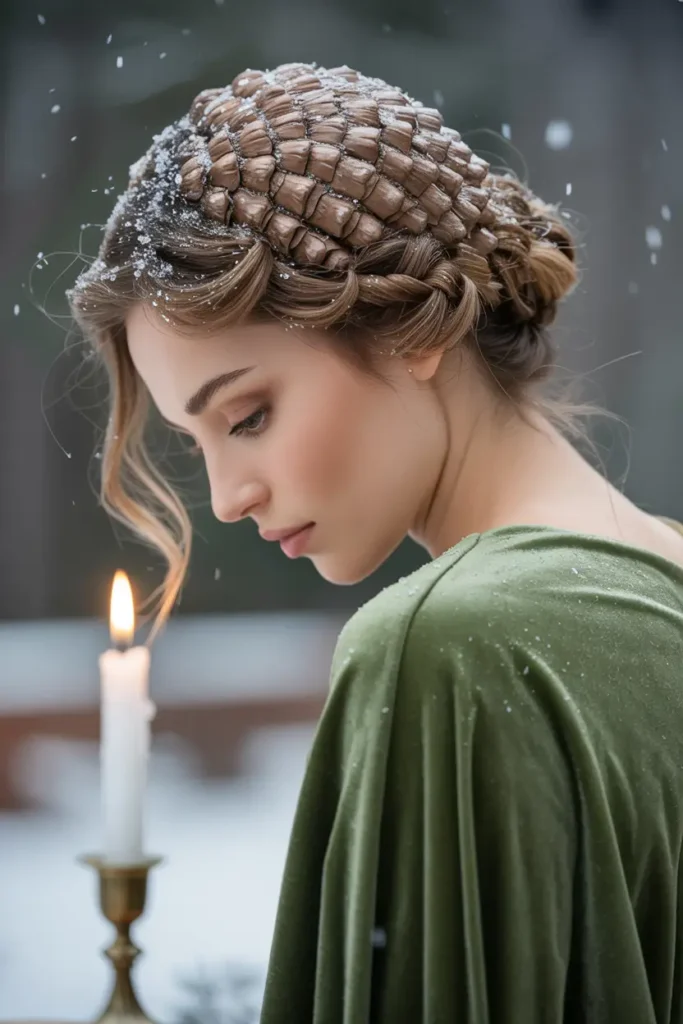 15 Festive Christmas Tree Hairstyles Ideas: Fun & Creative Holiday Looks 9 #8. The Frosted Pinecone Updo