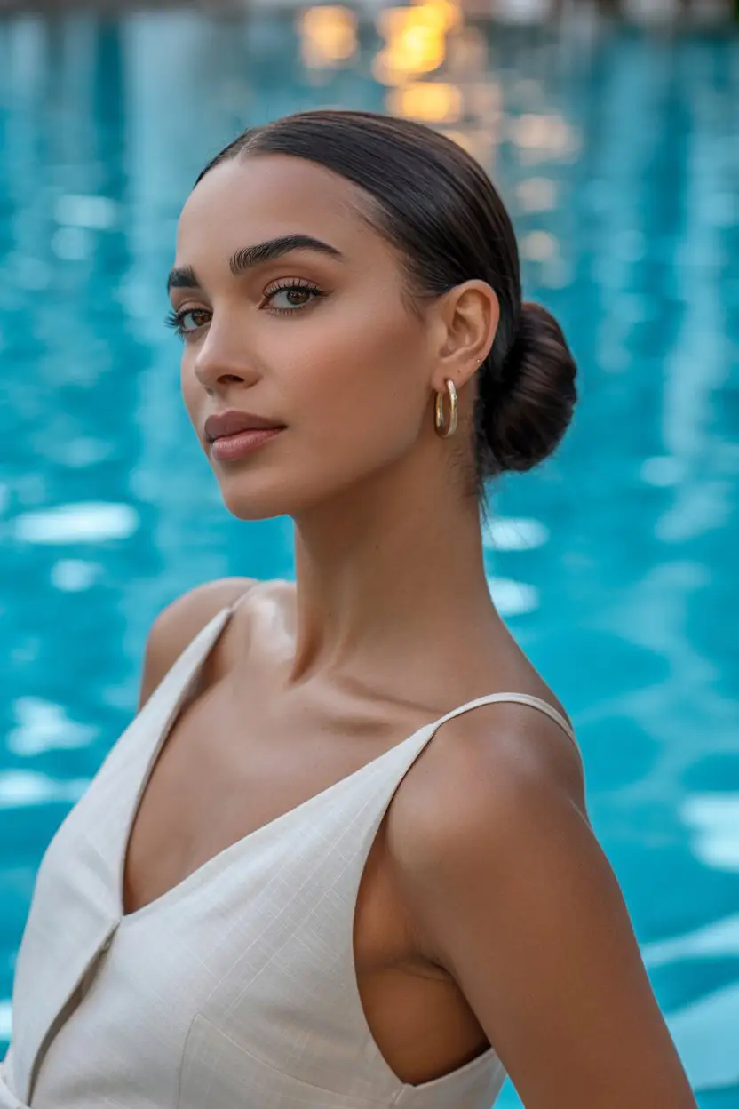 17 Stylish Vacation Hairstyles: Chic and Easy Options for Getaways 9 #8. The Slicked-Back Bun for Poolside Glam