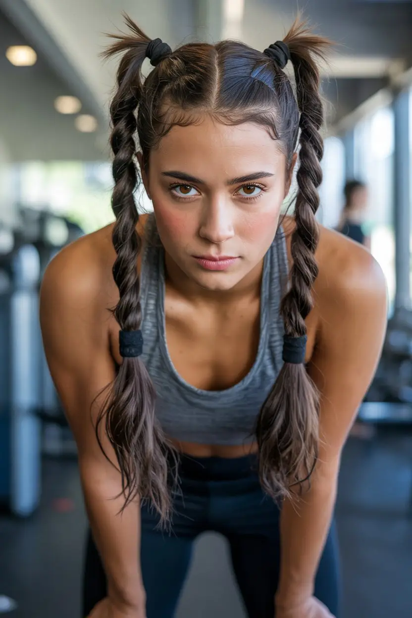 16 Fresh Gym Hairstyles: Low-Fuss Hairdos That Blend Function with Flair 9 #8. Twisted Pigtails for Quick Sweat Sessions