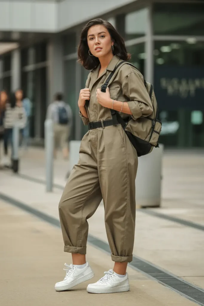 #8. Utility Jumpsuit with Rolled Cuffs and Sneakers