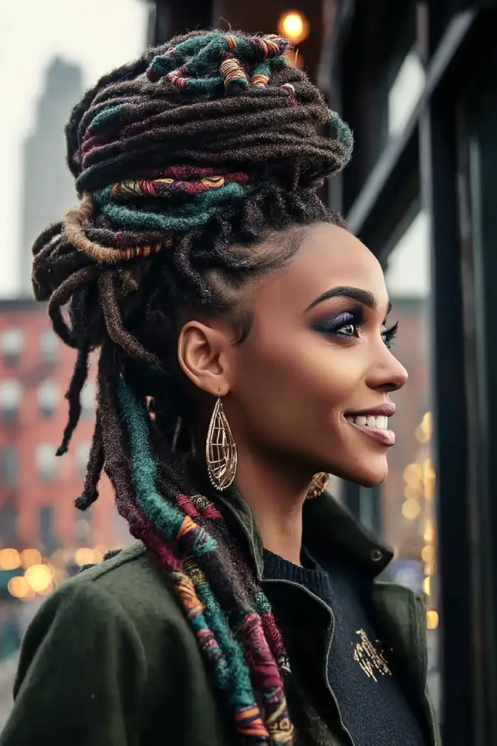 19 Creative Locs Hairstyles: Statement-Making Styles to Try Now 9 #8. Wrapped Locs High Bun with Jewel-Tone Threading
