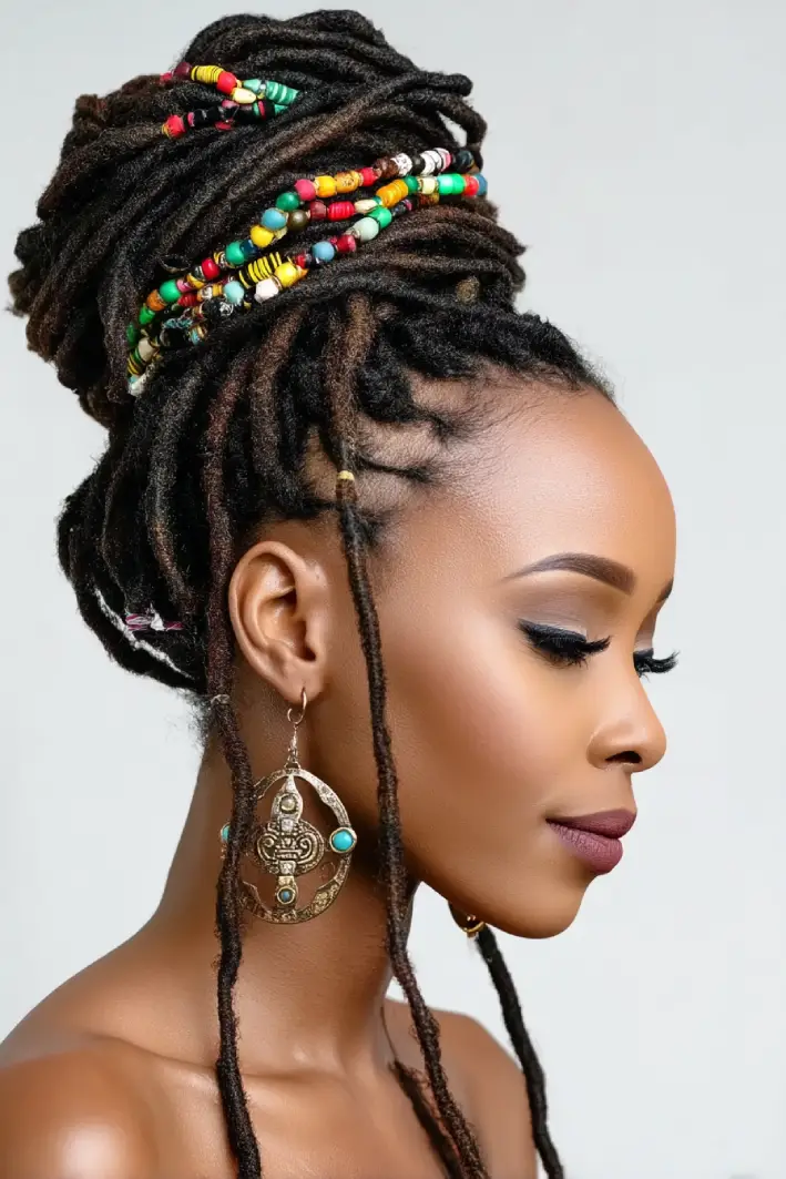 19 Creative Locs Hairstyles: Statement-Making Styles to Try Now 10 #9. Beaded Crown Locs Bun with Statement Strands