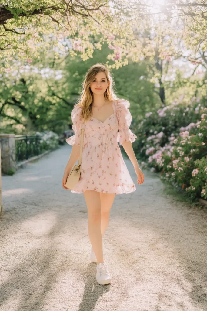 #9. Blush Floral Mini Dress with Puff Sleeves and White Sneakers