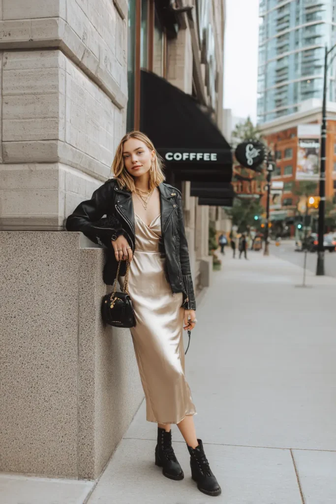 #9. Champagne Satin Slip Dress with Leather Jacket and Combat Boots
