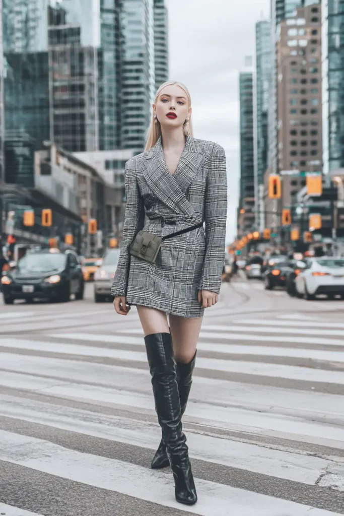 #9. Checked Oversized Blazer Dress with Belt Bag and Over-the-Knee Boots